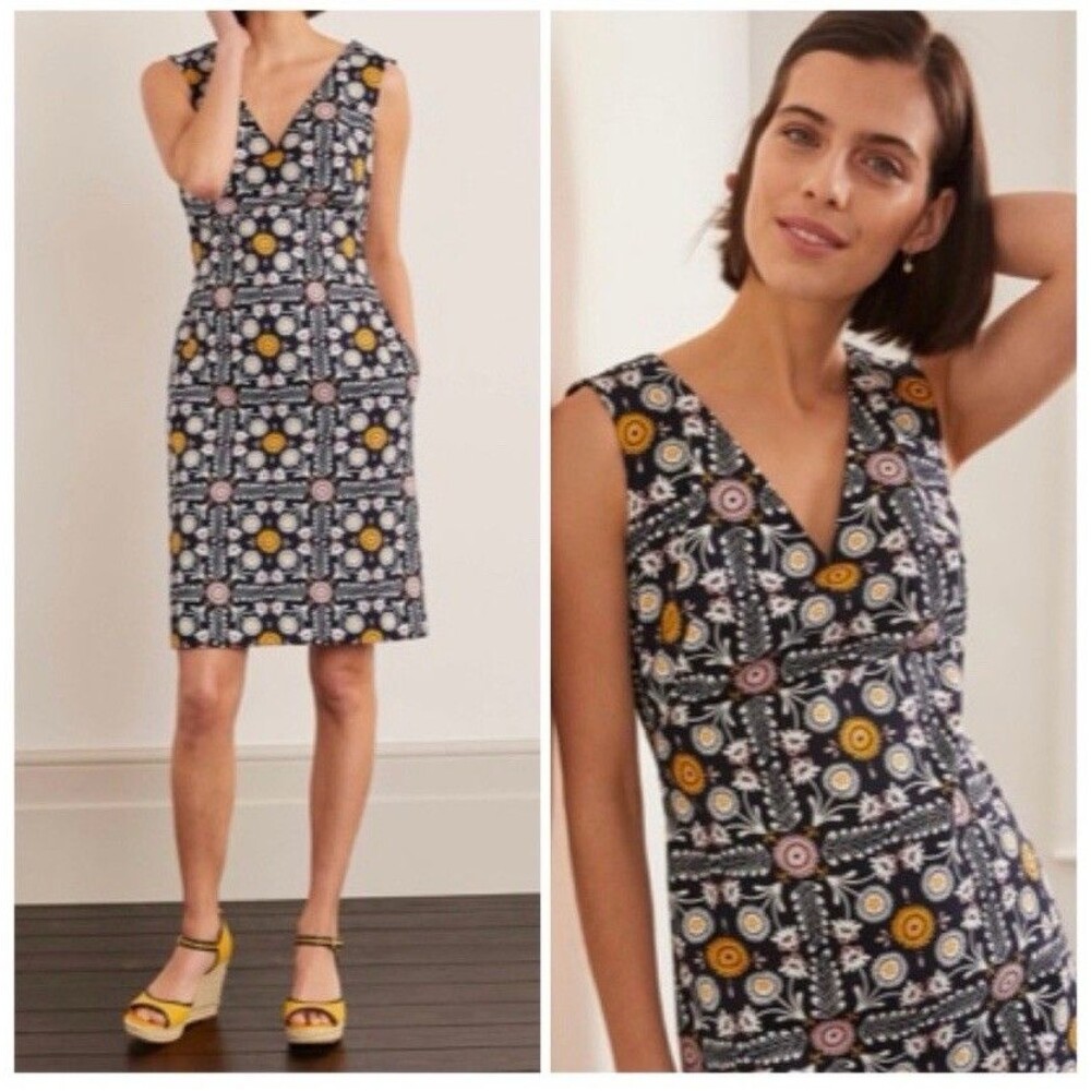 Boden Tatiana Textured Trellis Tile Floral Navy Blue Print Shift Dress Size 4R - Picture 12 of 12
